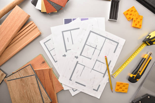 istock Work table of a decorator with wood materials top view 1363295830