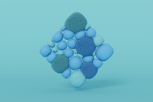 Soft stone spheres with fur in square shape abstract blue color background