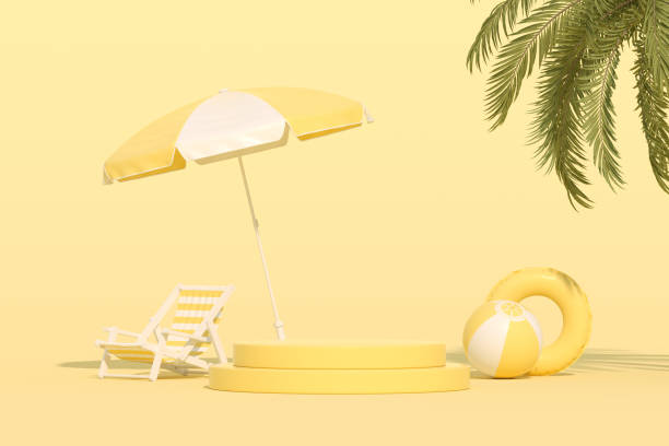 Summer podium showcase product presentation with beach umbrella and palm tree on yellow background Summer podium showcase product presentation with beach umbrella and palm tree on yellow background beach umbrella photos stock pictures, royalty-free photos & images