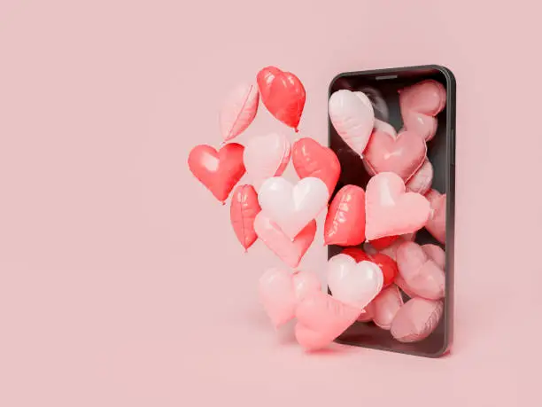 mobile phone with many heart balloons coming out of the screen. concept of romanticism, online dating and valentine's day. 3d rendering