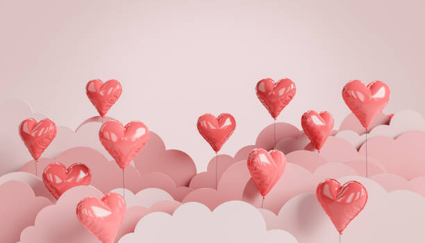 background of heart shaped balloons between flat clouds stock photo