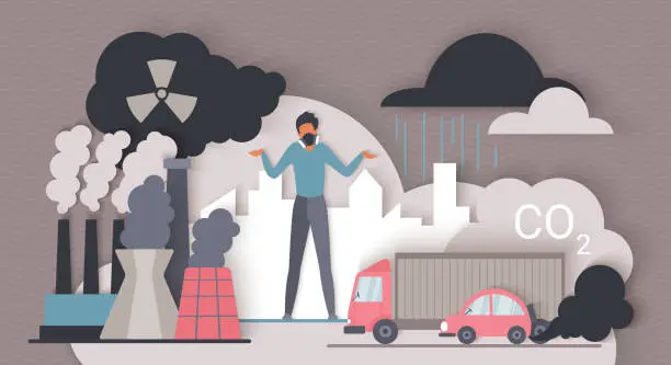 Vector illustration of CO2 emissions, man breathing through filter mask to reduce health effects of toxic fumes