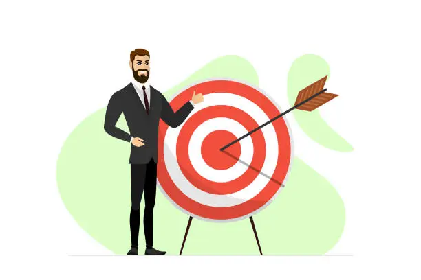Vector illustration of Successful contented businessman stand with target and arrow hit center. Man achieving his business or work goal concept. Vector eps illustration