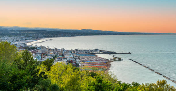 Aerial view of Gabicce and Cattolica at sunset stock photo