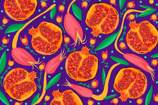 Vector seamless pattern with pomegranate and topicals leaf