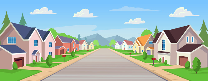 Suburban houses, street with cottages with garages. A street of houses with green trees and a road in perspective. Village. Vector illustration in cartoon style.