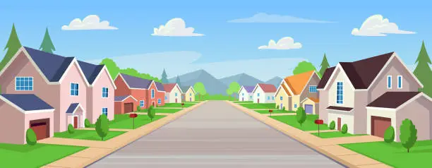 Vector illustration of Suburban houses, street with cottages with garages. A street of houses with green trees and a road in perspective. Village. Vector illustration in cartoon style.