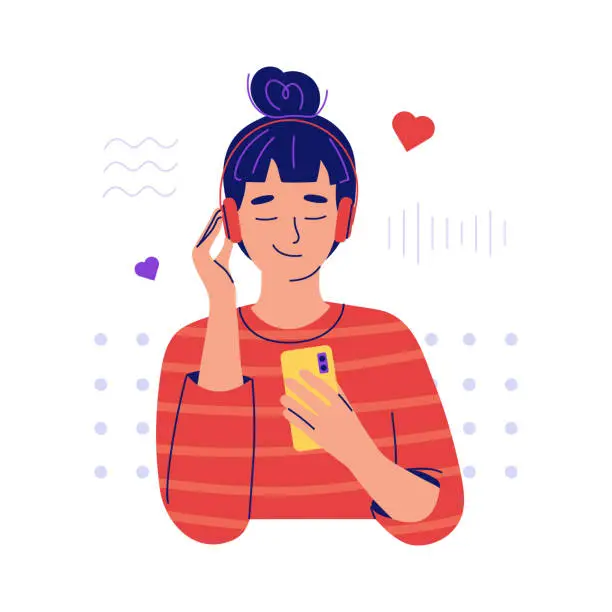 Vector illustration of Young woman with headphones listening to a podcast