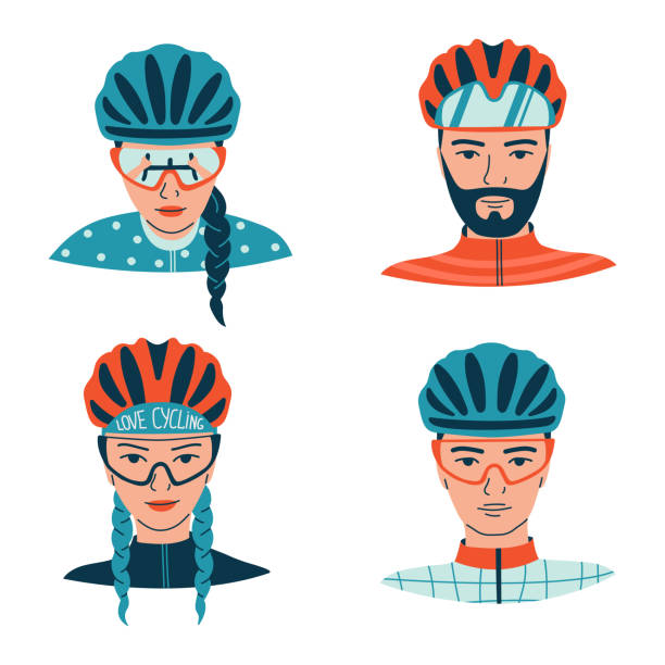 Avatars of a cyclist in uniform Portrait of young women and men wearing bicycle helmets and sports goggles.  Avatars of a cyclist in uniform  in flat line style. Isolated vector illustration cycling helmet stock illustrations