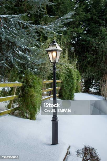 Light On In Narnia Lamp Post In A Snowy Garden Ireland Stock Photo - Download Image Now