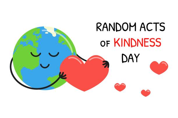 stockillustraties, clipart, cartoons en iconen met random acts of kindness day. february 17. cute happy earth holding big heart. vector kindness day poster illustration with white background and text - zorg