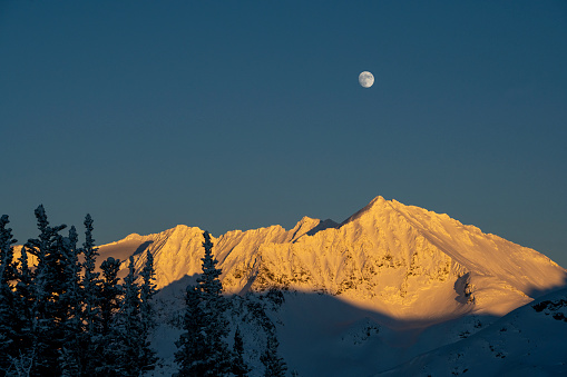 Sunset in the Coast Mountain Range in Whistler Canada. Mountain landscape images in winter.