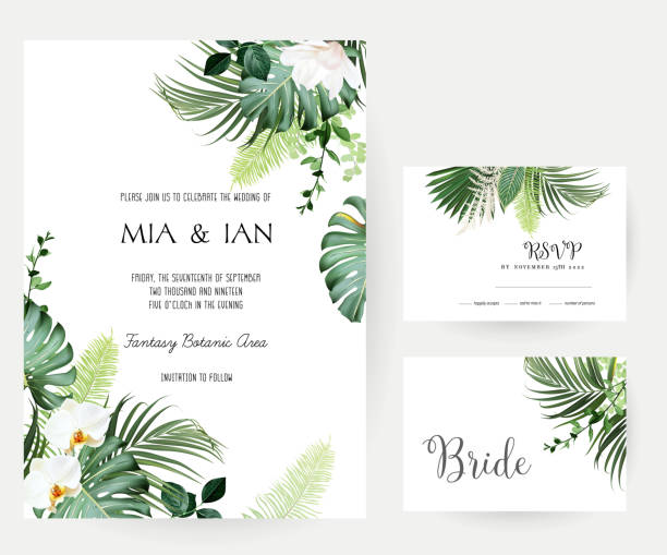 Tropical flowers and leaves vector design cards. White orchid, magnolia, dried fern Tropical flowers and leaves vector design cards. White orchid, magnolia, dried fern, emerald monstera, jungle palm leaves frames. Exotic island wedding invitations. Elements are isolated and editable monstera stock illustrations