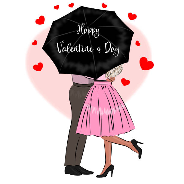illustrations, cliparts, dessins animés et icônes de jeune couple amoureux sous un parapluie style rétro - pair couple love humor