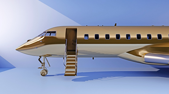 golden private jet with open staircase entrance. 3d rendering