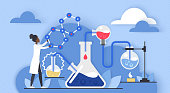 istock Chemistry science laboratory research, scientific chemical experiment of tiny scientist 1363317046