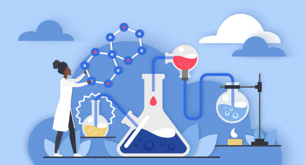 Chemistry science laboratory research, scientific chemical experiment of tiny scientist Chemistry science laboratory research. Abstract scientific chemical experiment of tiny scientist student or teacher, discovery process with flask equipment and analysis flat vector illustration chemistry stock illustrations