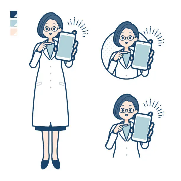 Vector illustration of A woman doctor in a lab coat with Offer a smartphone images