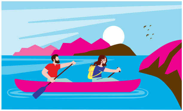 아름다운 풍경으로 둘러싸인 호수에서 카누를 즐기는 커플. 레이어의 완전히 편집 가능한 벡터입니다. 여름 방학을 테마로 호수와 산악 여행 벡터 일러스트레이션. 바다 또는 바다에 의해 커플 - rowboat river lake nautical vessel stock illustrations