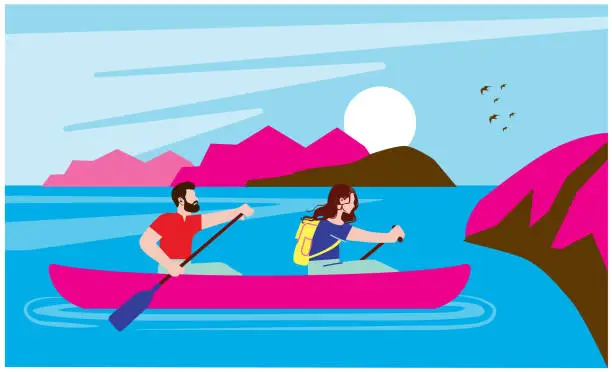 Vector illustration of Couple canoeing on lake surrounded with beautiful landscape. Fully editable vectors on layers. lake and mountain travel vector illustration on the theme of summer holidays. Couple by the sea or ocean