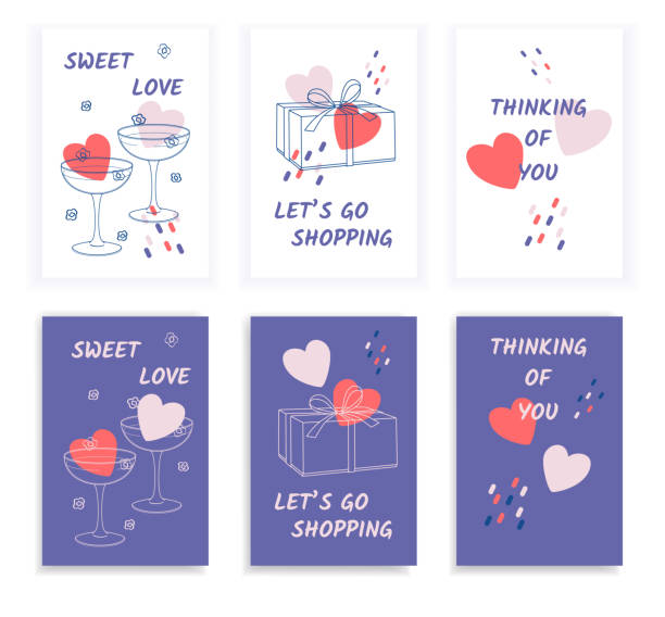 Set Valentine's Day greeting cards with line art objects, abstract shapes and slogans. Set Valentine's Day greeting cards with  line art gift box, champagne glasses, abstract shapes and slogans. Vector illustrations for season invitations, cards, posters and flyers. flyposting illustrations stock illustrations