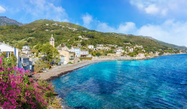 Landscape with Brando village and Plage de Lavasina in Corsica Landscape with Brando village and Plage de Lavasina in Corsica island, French haute corse photos stock pictures, royalty-free photos & images