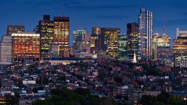 boston at nightfall - aerial - boston skyline new england urban scene imagens e fotografias de stock