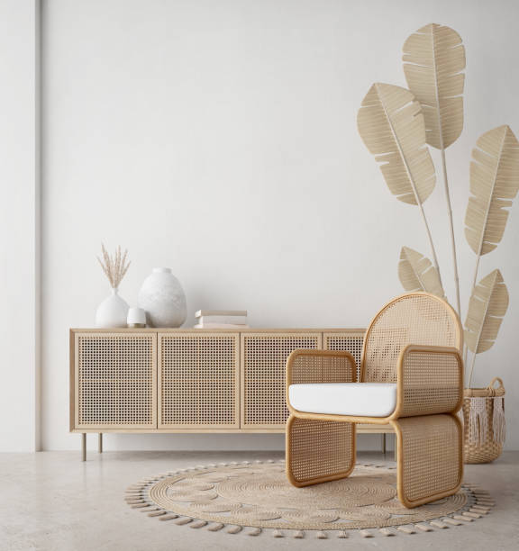 istock Boho style interior with wooden chair,table and white wall background.3d rendering 1363327227