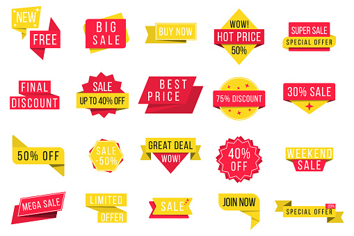 Promotion badge icons. Set of banner elements, offer tag, discount label design, sale web coupons. Flat design sale stickers on white background. Black Friday. Cyber Monday. Vector illustration.