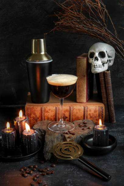 Halloween Cocktail Espresso Martini drink on Voodoo Shrine with black candles Halloween Cocktail Espresso Martini drink on Voodoo Shrine with black candles gross coffee stock pictures, royalty-free photos & images