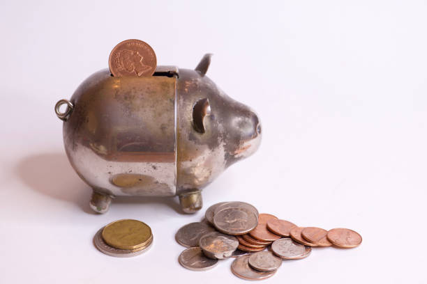 Piggy bank surrounded by coins (Australian dollars).
