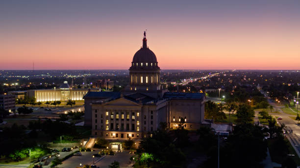 istock Oklahoma State Capitol Building with Peach Sky Behind - Aerial 1363328213