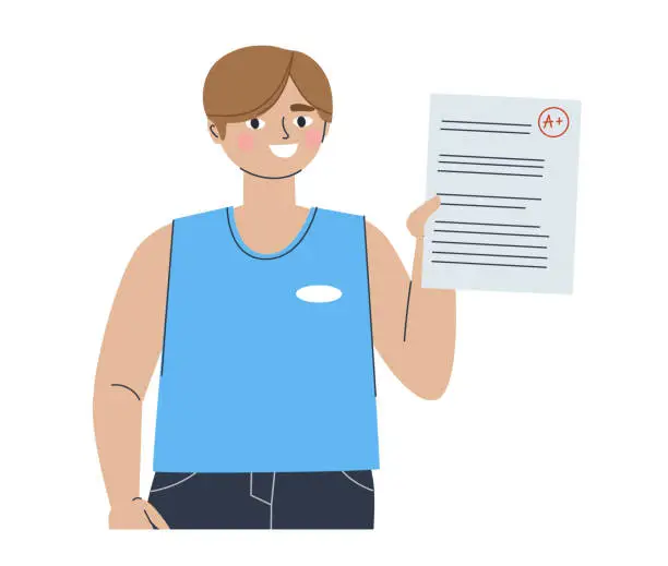 Vector illustration of Boy teenager schoolboy shows an excellent mark for the test.