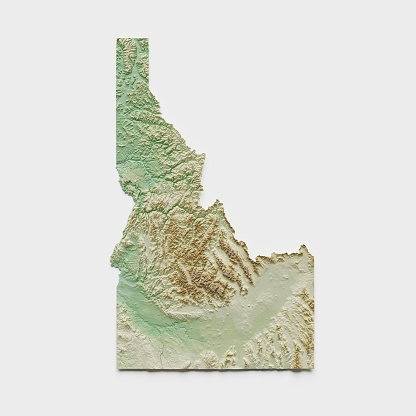 3D render of a topographic map of Idaho. All source data is in the public domain. SRTM data courtesy of the U.S. Geological Survey (https://search.earthdata.nasa.gov/search/granules?p=C1000000240-LPDAAC_ECS&pg[0][v]=f&pg[0][gsk]=-start_date&q=srtm%201%20arc&tl=1640787673!3!!&m=11.7421875!-80.859375!2!1!0!0%2C2). Map rendered using QGIS and Blender software.