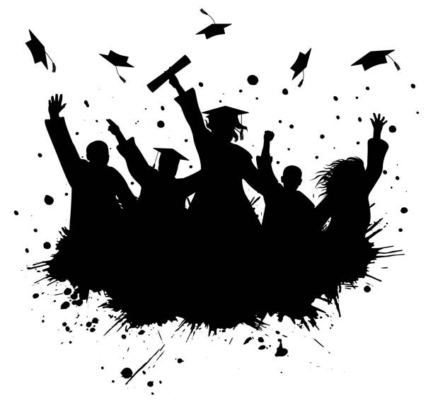 ilustraciones, imágenes clip art, dibujos animados e iconos de stock de silueta de estudiantes graduados felices con gorras graduadas y salpicaduras de grunge. ilustración vectorial - toga