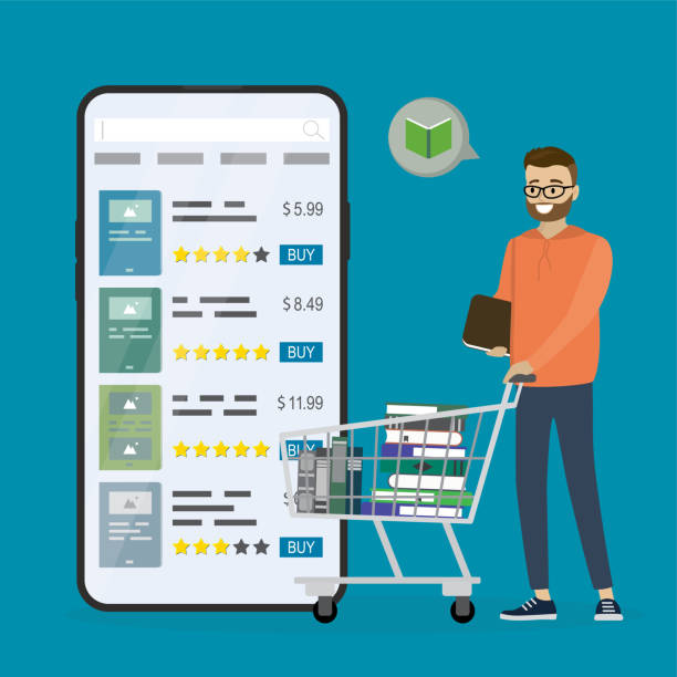 Bookstore on smartphone. Mobile app for buying books. Client chooses product in online store. Male customer holds shopping trolley with books vector art illustration