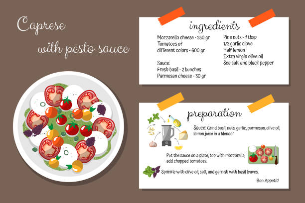 카프리스. 조리법, 재료, 준비. 자세한 설명서. 이탈리아 요리. 요리는 쉽습니다. - caprese salad heirloom tomato salad food stock illustrations