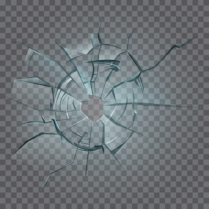 Glass crack with crash hole texture, shatters on broken window, 3d realistic destruction