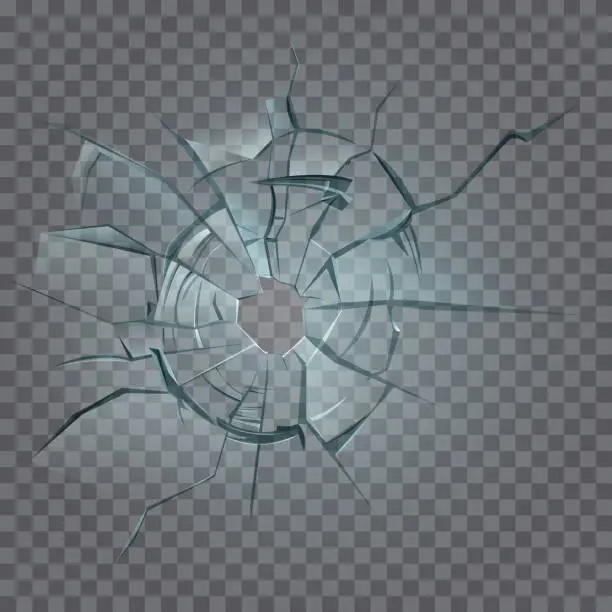 Vector illustration of Glass crack with crash hole texture, shatters on broken window, 3d realistic destruction