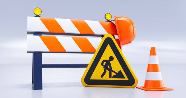 istock Under construction concept. Road Barrier with Sign and Cones. 3D render 1363335319