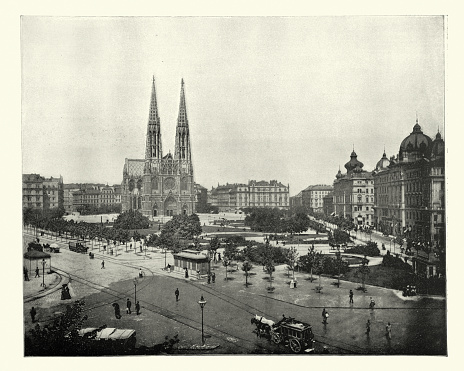 Vintage illustration after a photograph, Maximilian Platz, Vienna, Victorian cityscape 19th Century