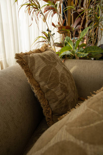 istock patterned cushions on a sofa, next to a window with curtains and a plant, home interior decoration 1363336273