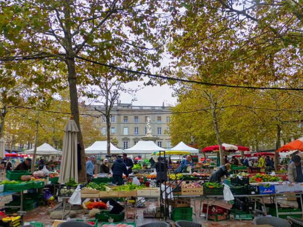 Merchants and buyers on fruit and vegetable market in the historical center of Toulouse.
