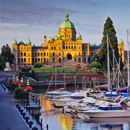 Victoria inner harbor showing provincial legislature and  marina on Vancouver Island, British Columbia