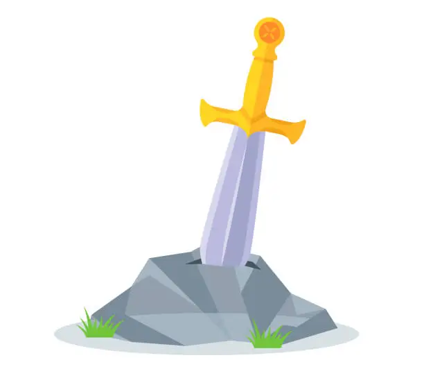 Vector illustration of the sword is thrust deep into the stone. the myth of arthur