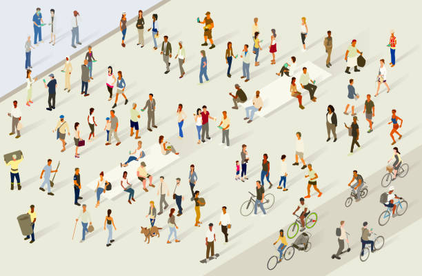 Crowded scene bustling with people A detailed city plaza or sidewalk bustles with a crowd of 80+ unique, fictional people walking, running, cycling, standing, and seated. Contemporary men and women use smart phones and tablets on a sunny, comfortable late afternoon. Some wear work uniforms and carry on with their jobs, while others gather in groups to meet casually. A range of ages, ethnicities, and socioeconomic backgrounds are represented in the population, illustrated in isometric view and in bold color. crowd of people illustrations stock illustrations