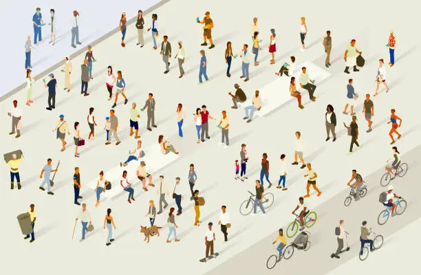 Vector illustration of Crowded scene bustling with people