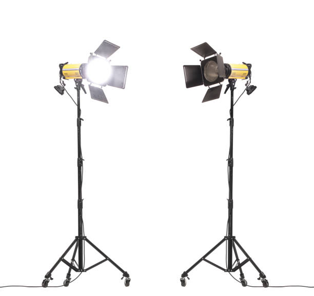 istock Flash lights with barn doors on stand with wheels. Studio lighting equipment isolated on white background. 1363339152