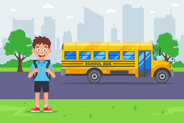 pupil is waiting for a yellow bus to travel to school pupil is waiting for a yellow bus to travel to school. flat vector illustration. school bus stop stock illustrations