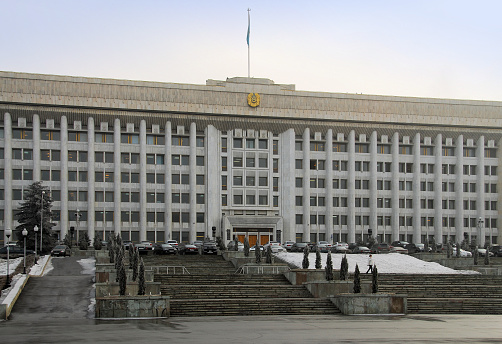 Almaty, Kazakhstan: Almaty City hall, used to be the Presidential Palace, before the capital was moved to Nur-Sultan (Astana) by Nursultan Nazarbayev.